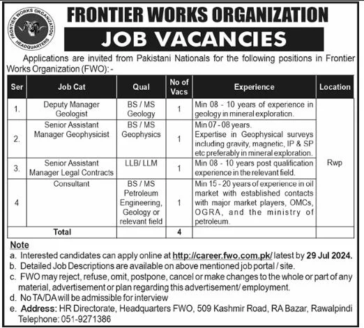 Frontier Works Organization FWO Jobs 2024